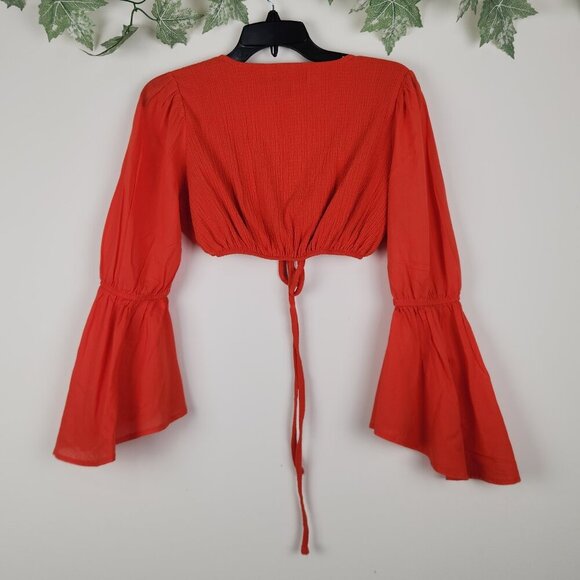 Urban Outfitters Size M Orange Long Bell Sleeve Tie Front Cropped Top - Picture 4 of 7